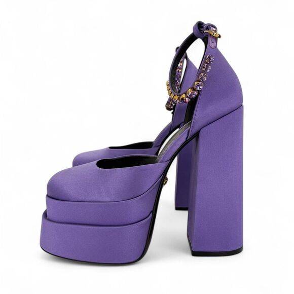 VERSACE Aevitas Purple Crystal-Embellished Platform Block Heel Pumps EU38 - Picture 7 of 12